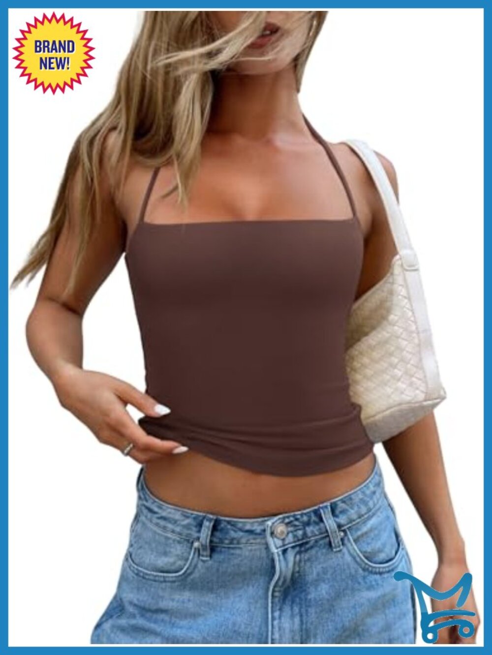 REORIA Square Neck Halter Backless Crop Tank Top Sleeveless Fitted